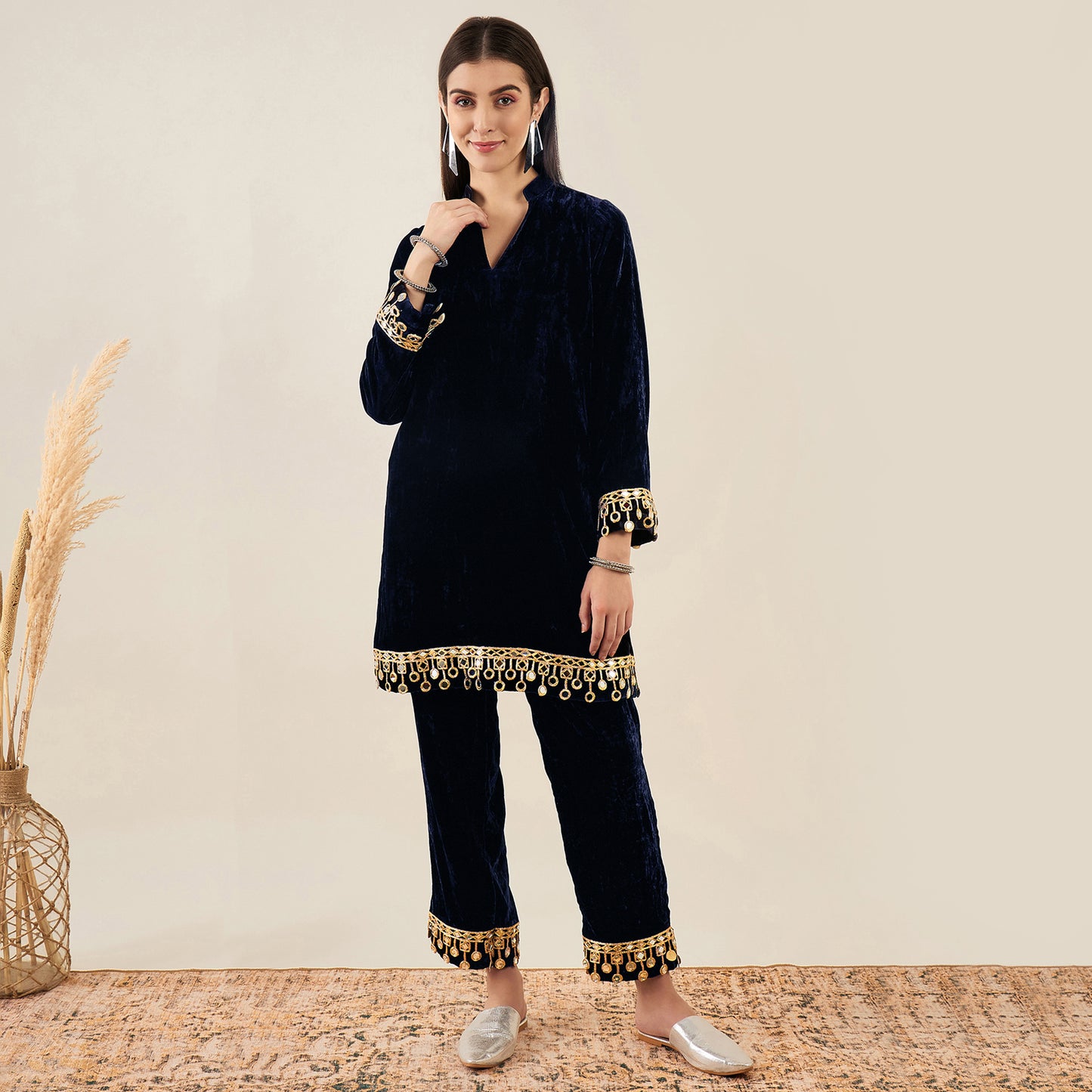 Blue Silk Velvet Kurta and Straight Pants with Mirror Lace Detail Set