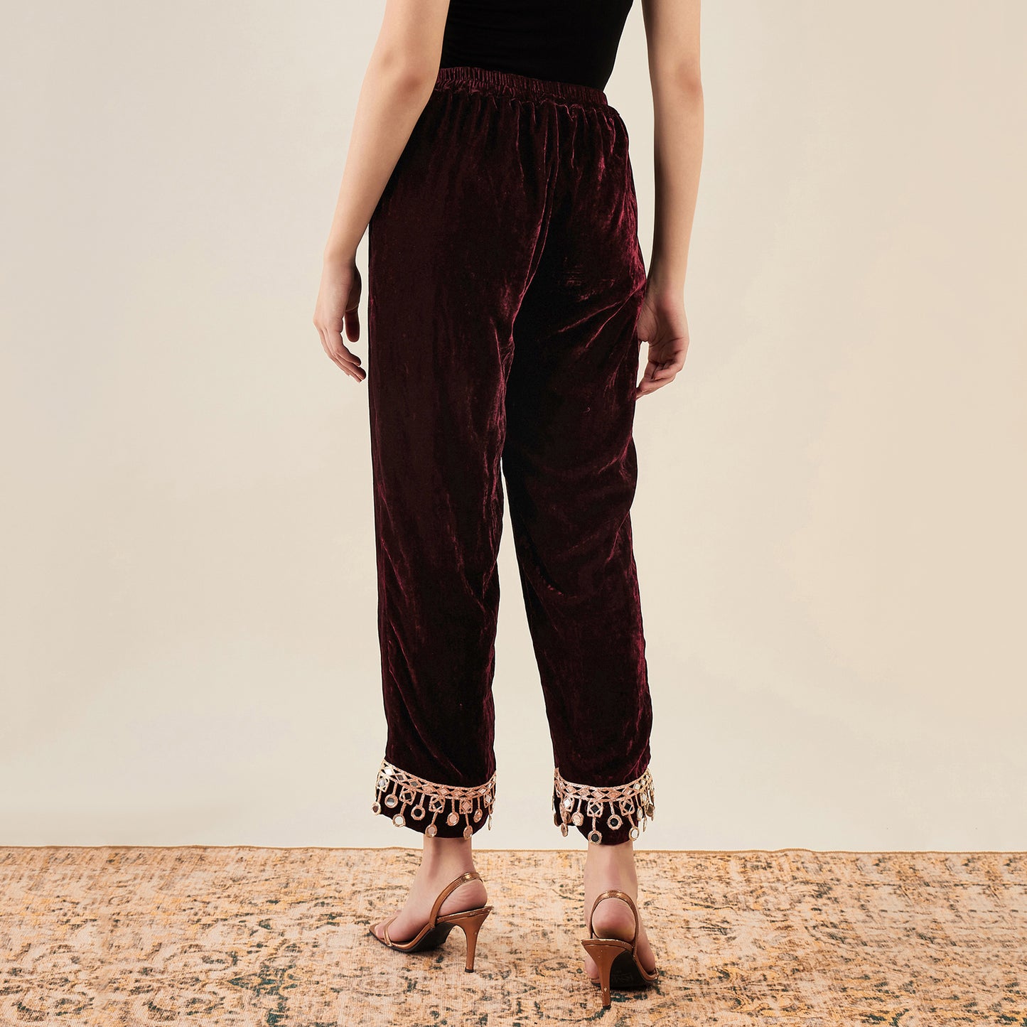Maroon Silk Velvet Kurta and Straight Pants with Mirror Lace Detail Set
