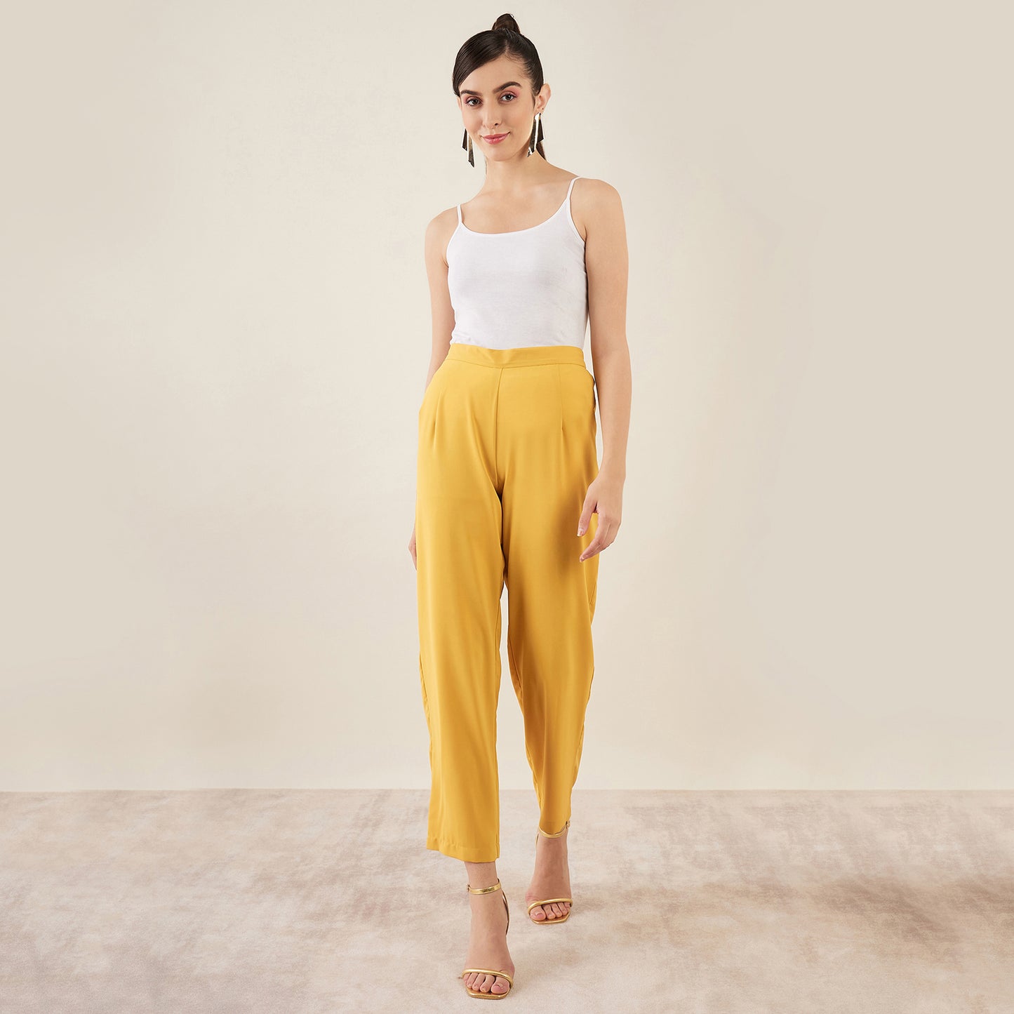 Mustard One-Shoulder Crystal Hand Embroidered Asymmetrical Top with Straight Pants Set