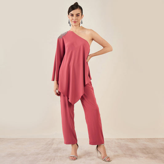 Rouge Red One-Shoulder Crystal Hand Embroidered Asymmetrical Top with Straight Pants Set