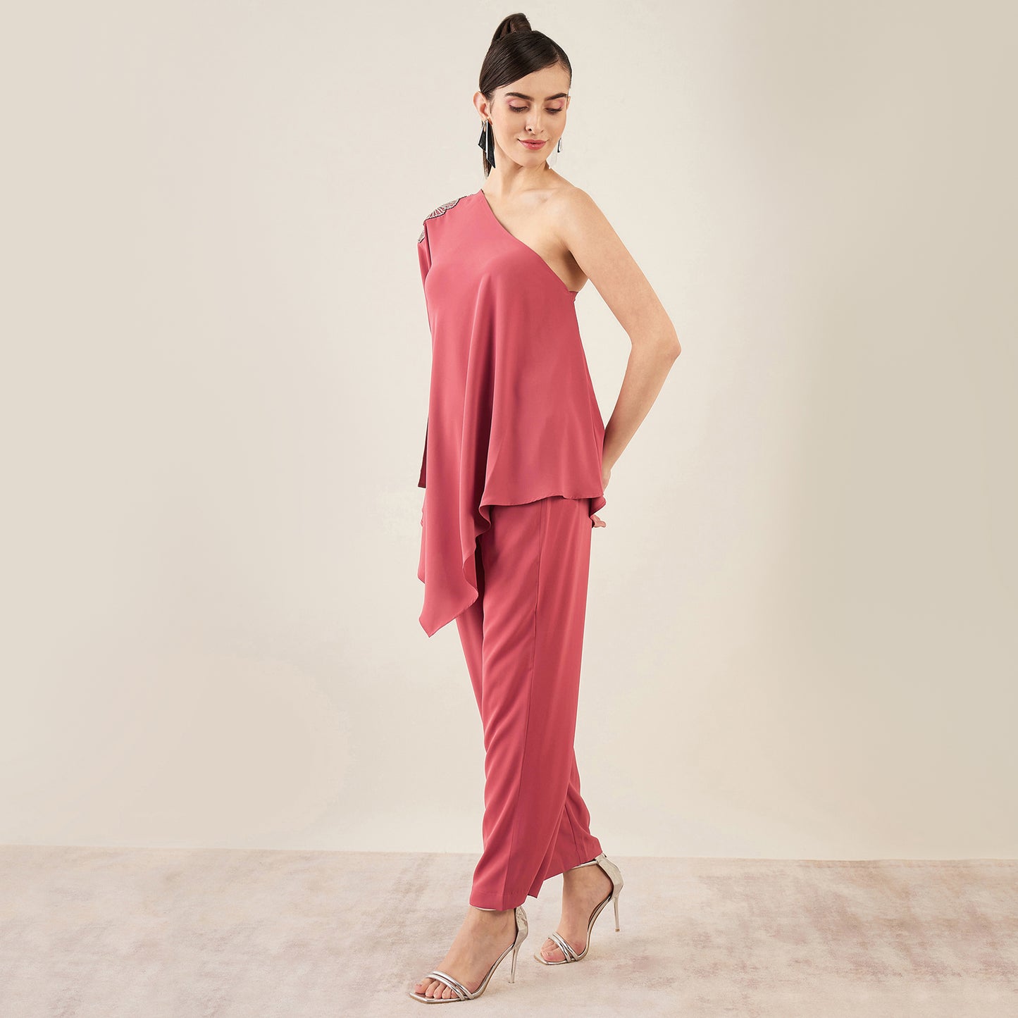 Rouge Red One-Shoulder Crystal Hand Embroidered Asymmetrical Top with Straight Pants Set
