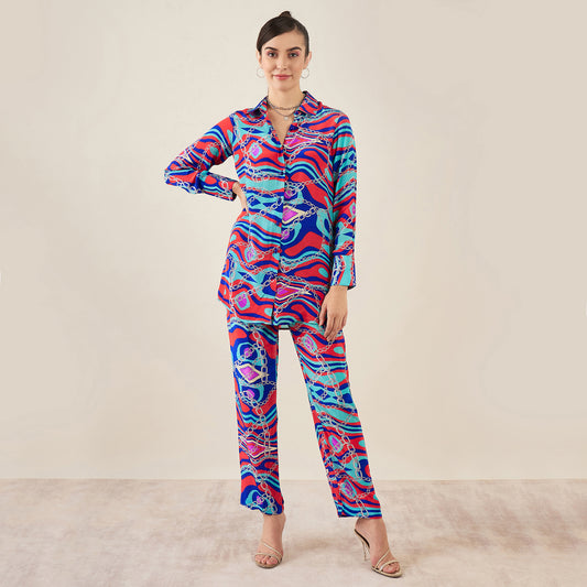 Blue and Red Marine Wave Print Shirt and Pants Set