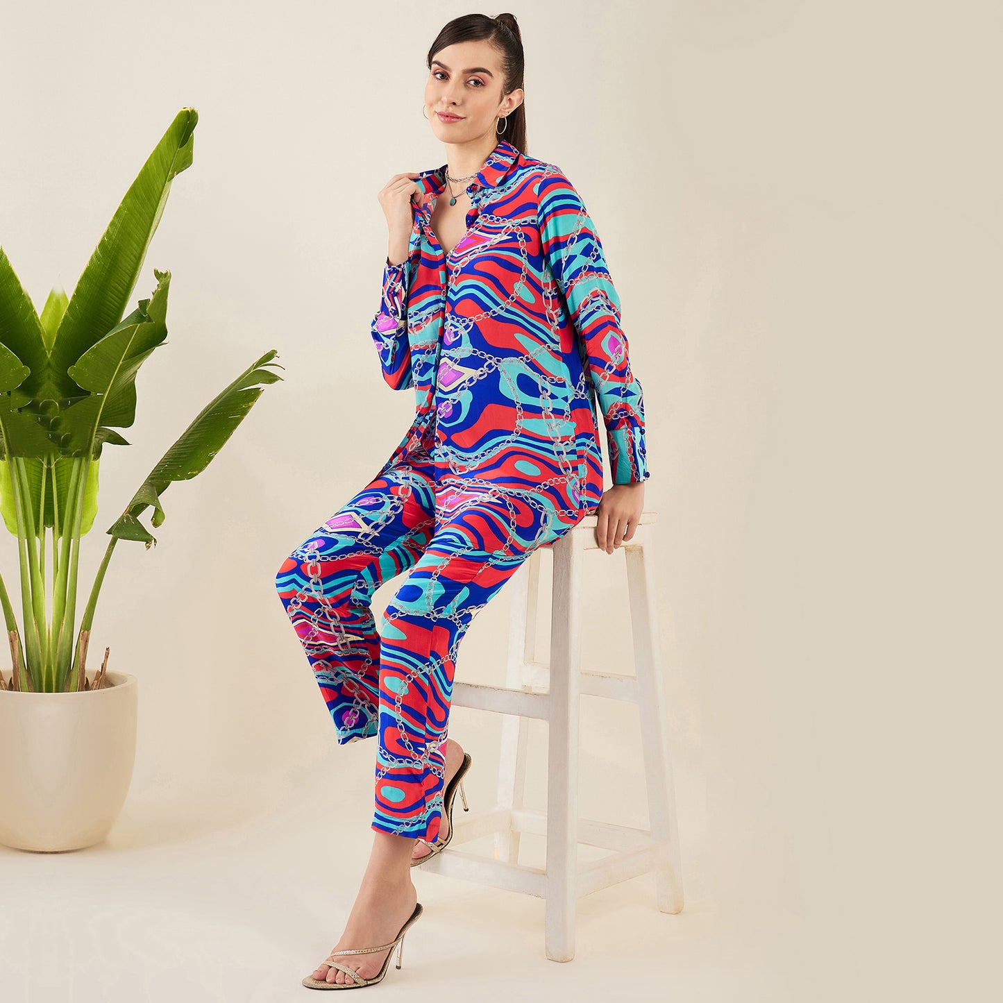 Blue and Red Marine Wave Print Shirt and Pants Set