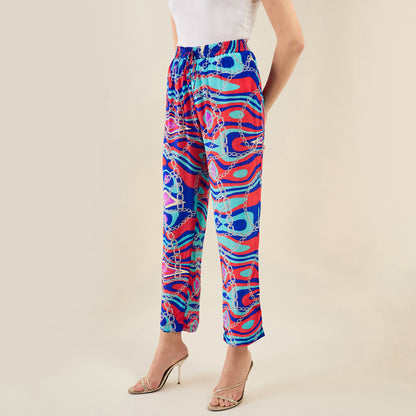 Blue and Red Marine Wave Print Shirt and Pants Set