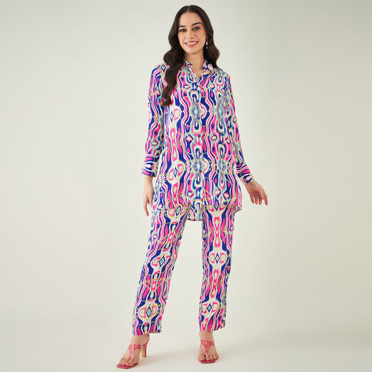 Blue and Pink Marine Wave Print Shirt and Pants Set