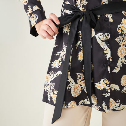 Black Baroque Print Shirt with Belt and Pants Set