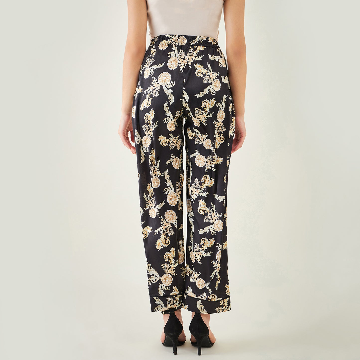 Black Baroque Print Shirt with Belt and Pants Set