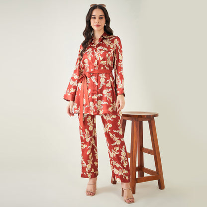 Red Baroque Print Shirt with Belt and Pants Set