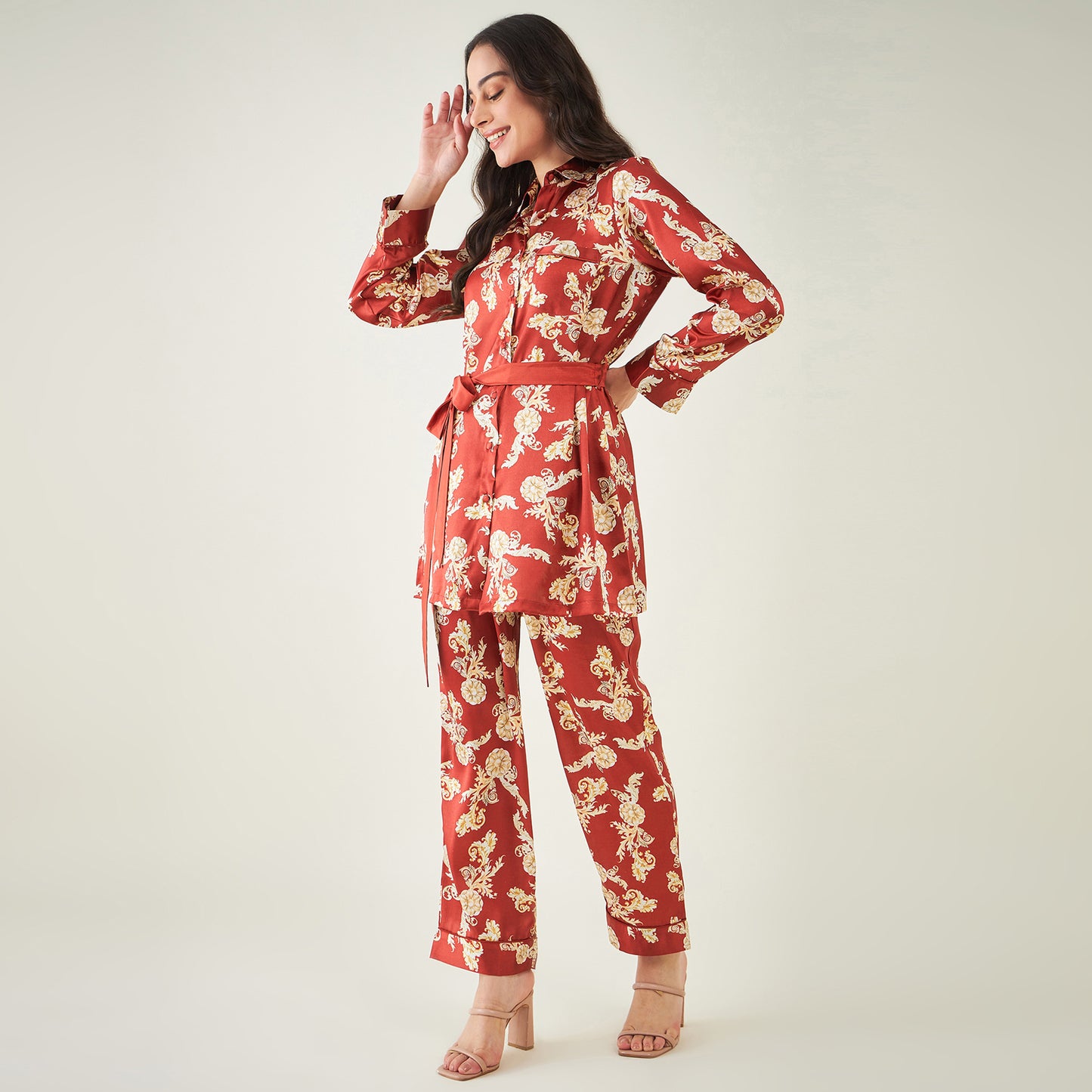 Red Baroque Print Shirt with Belt and Pants Set