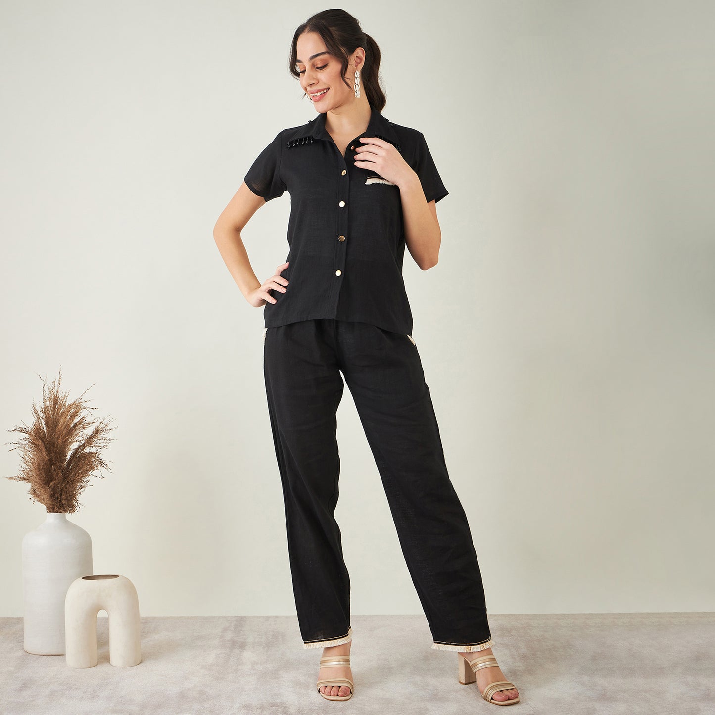 Black Linen Shirt with Lace Detail and Pants Set