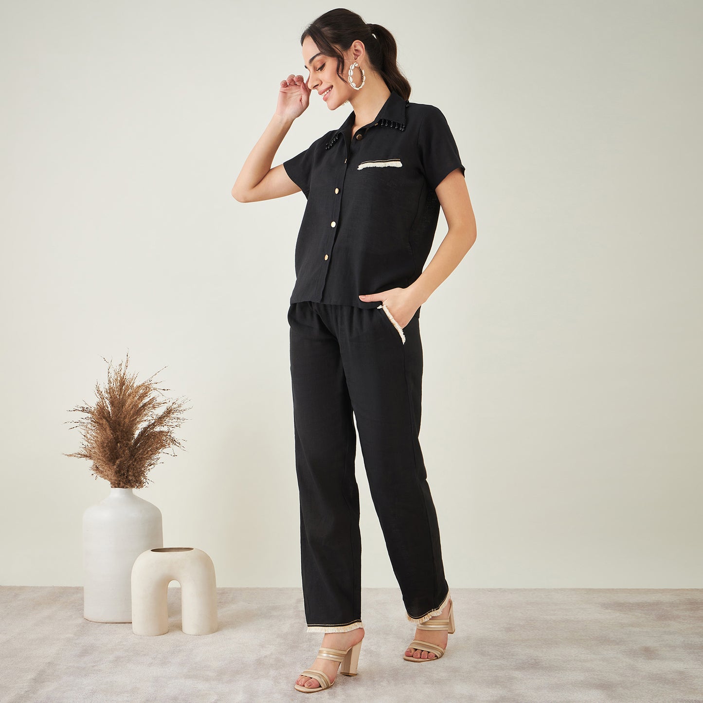 Black Linen Shirt with Lace Detail and Pants Set