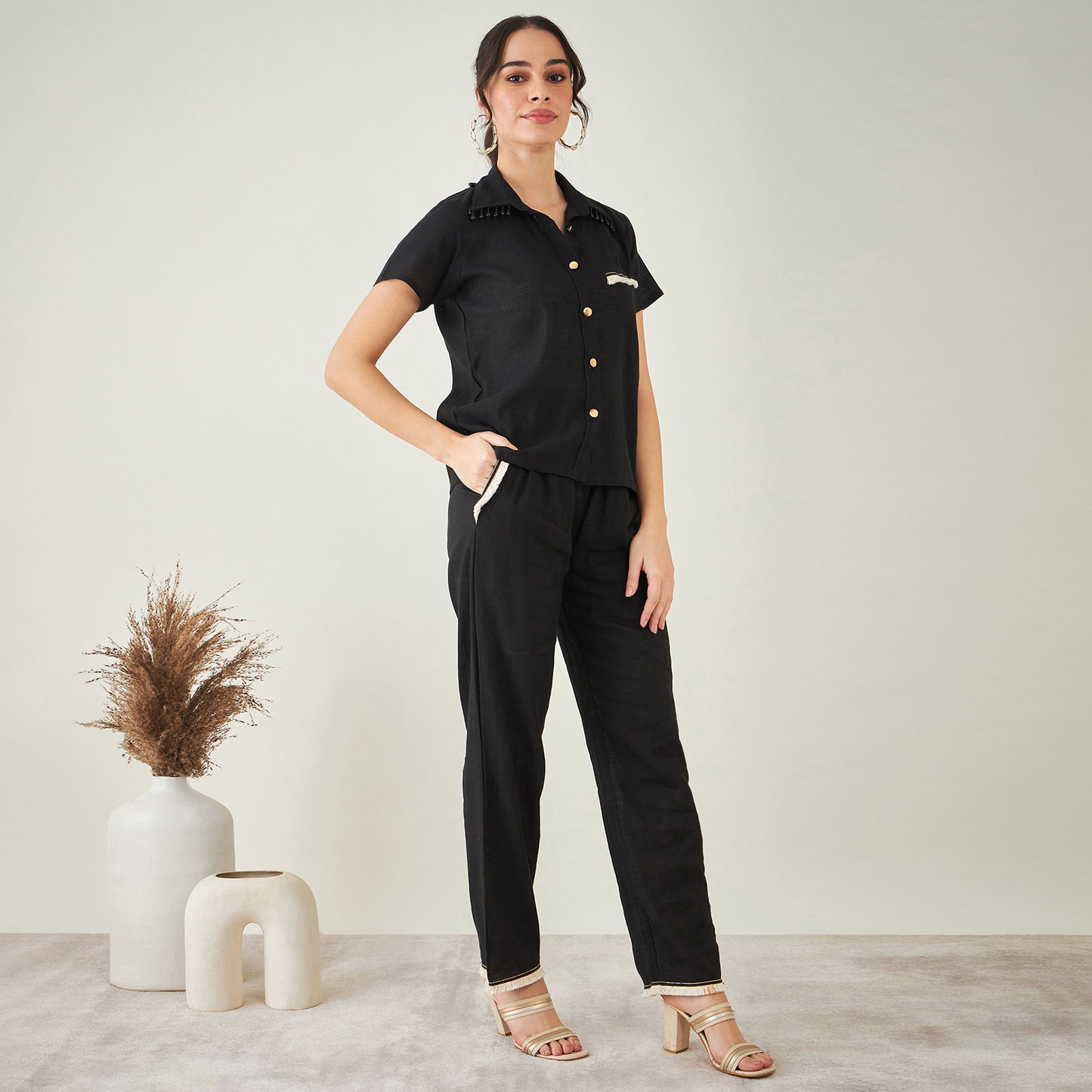 Black Linen Shirt with Lace Detail and Pants Set