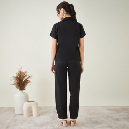 Black Linen Shirt with Lace Detail and Pants Set