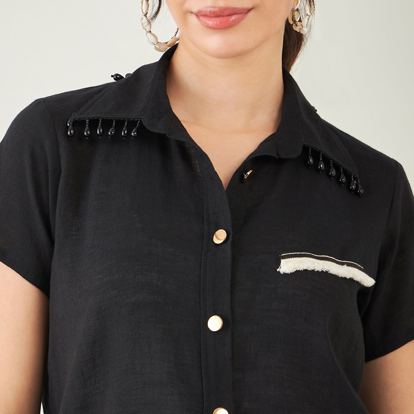 Black Linen Shirt with Lace Detail and Pants Set