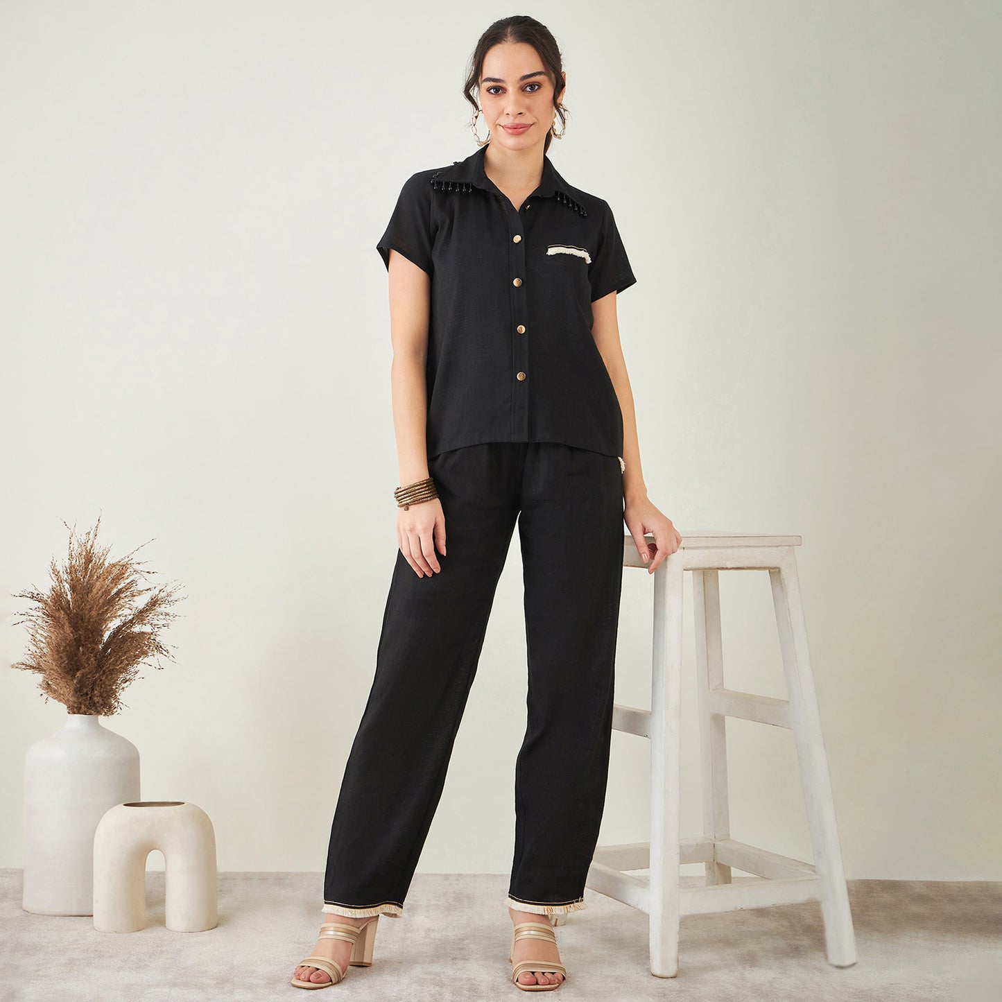 Black Linen Shirt with Lace Detail and Pants Set