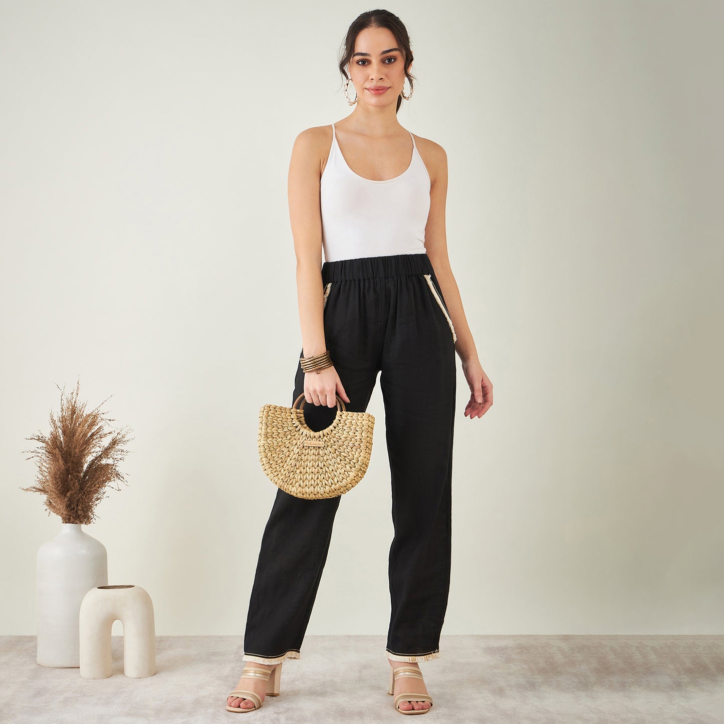 Black Linen Shirt with Lace Detail and Pants Set