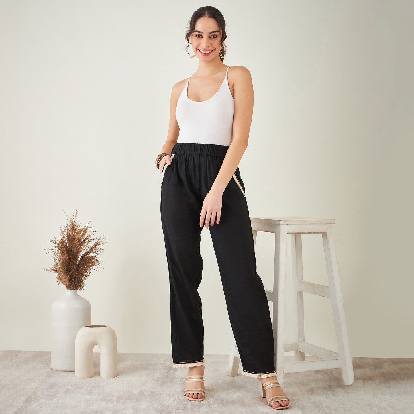 Black Linen Shirt with Lace Detail and Pants Set