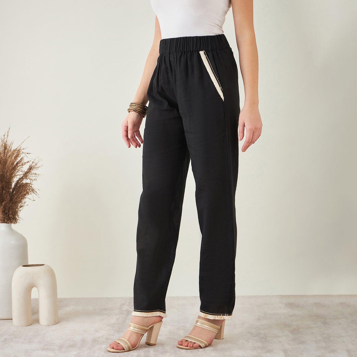 Black Linen Shirt with Lace Detail and Pants Set