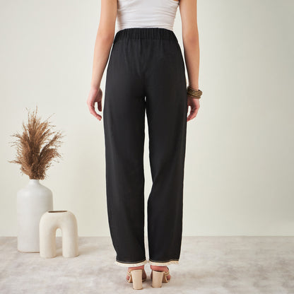 Black Linen Shirt with Lace Detail and Pants Set
