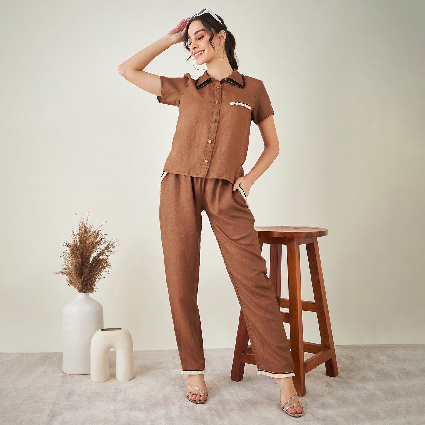 Brown Linen Shirt with Lace Detail and Pants Set