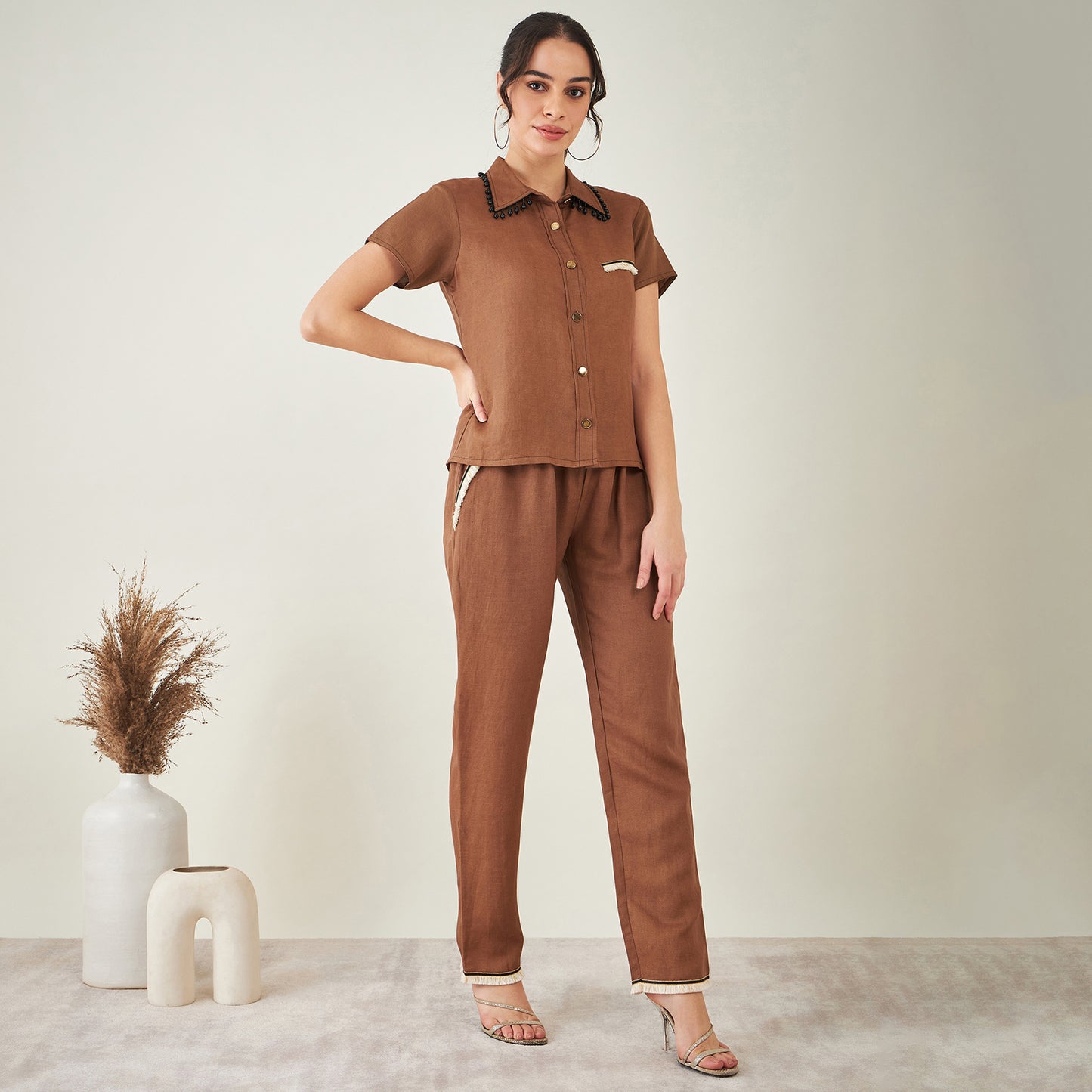Brown Linen Shirt with Lace Detail and Pants Set