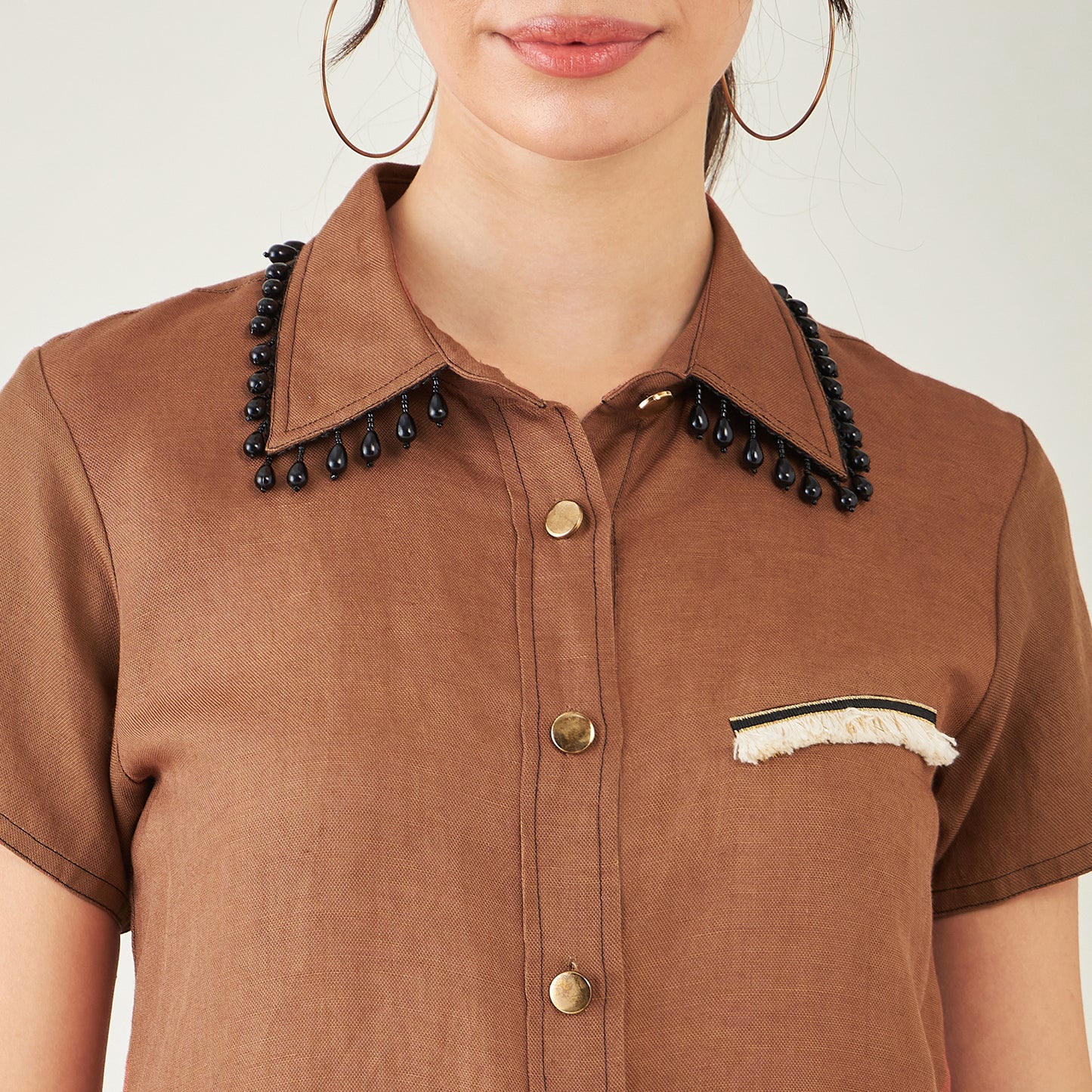 Brown Linen Shirt with Lace Detail and Pants Set