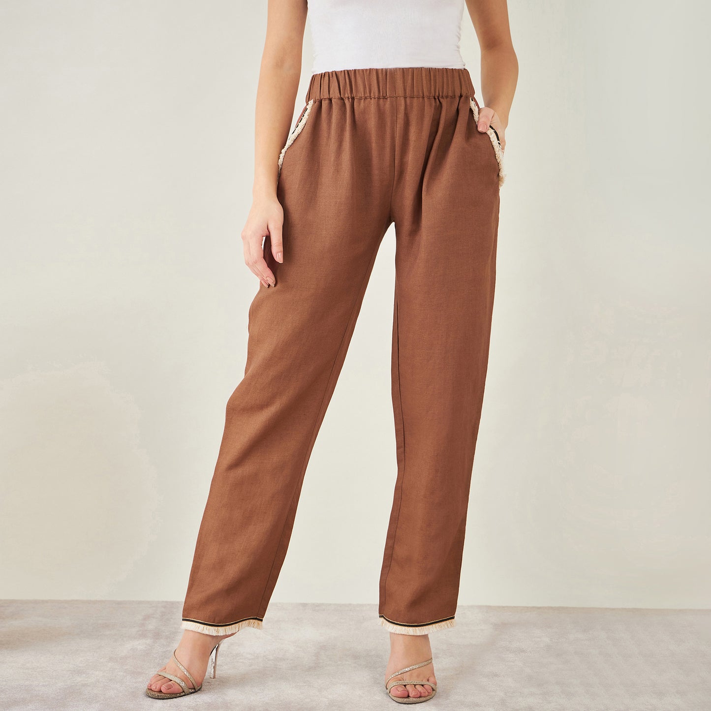 Brown Linen Shirt with Lace Detail and Pants Set