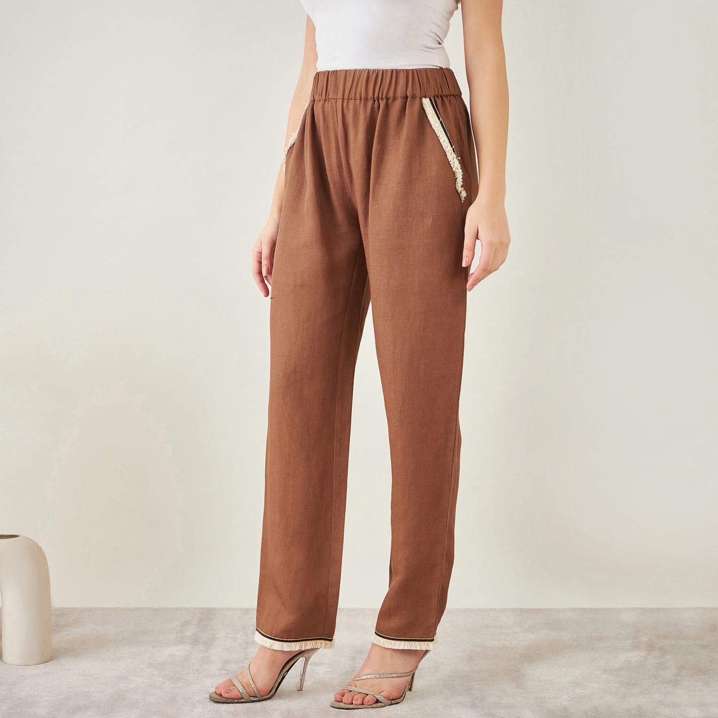 Brown Linen Shirt with Lace Detail and Pants Set
