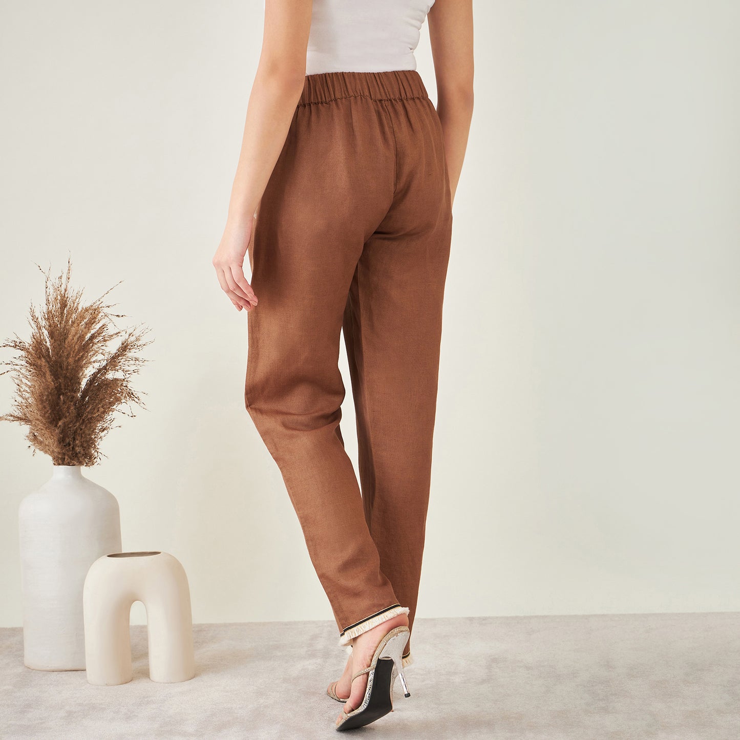 Brown Linen Shirt with Lace Detail and Pants Set