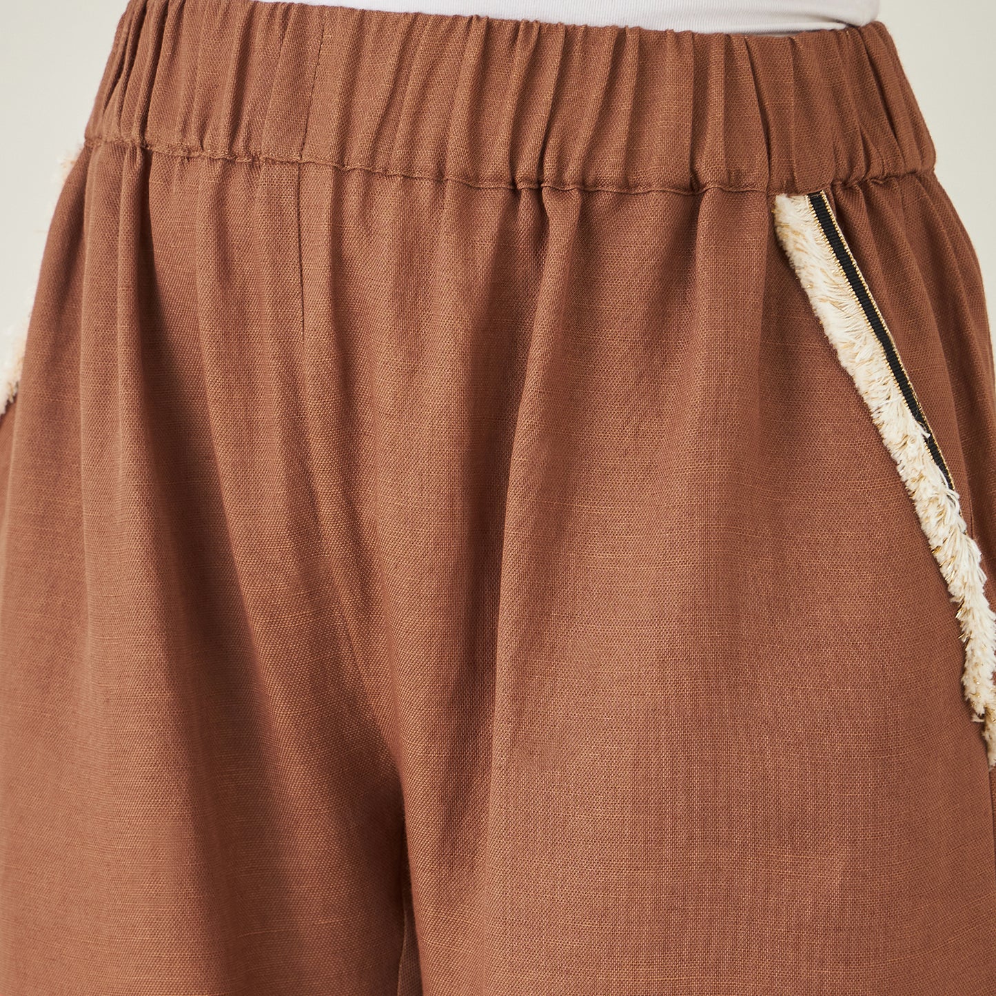Brown Linen Shirt with Lace Detail and Pants Set