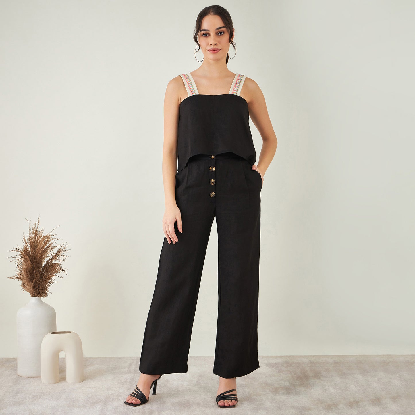 Black Linen Crop Top with Straight Pants Set