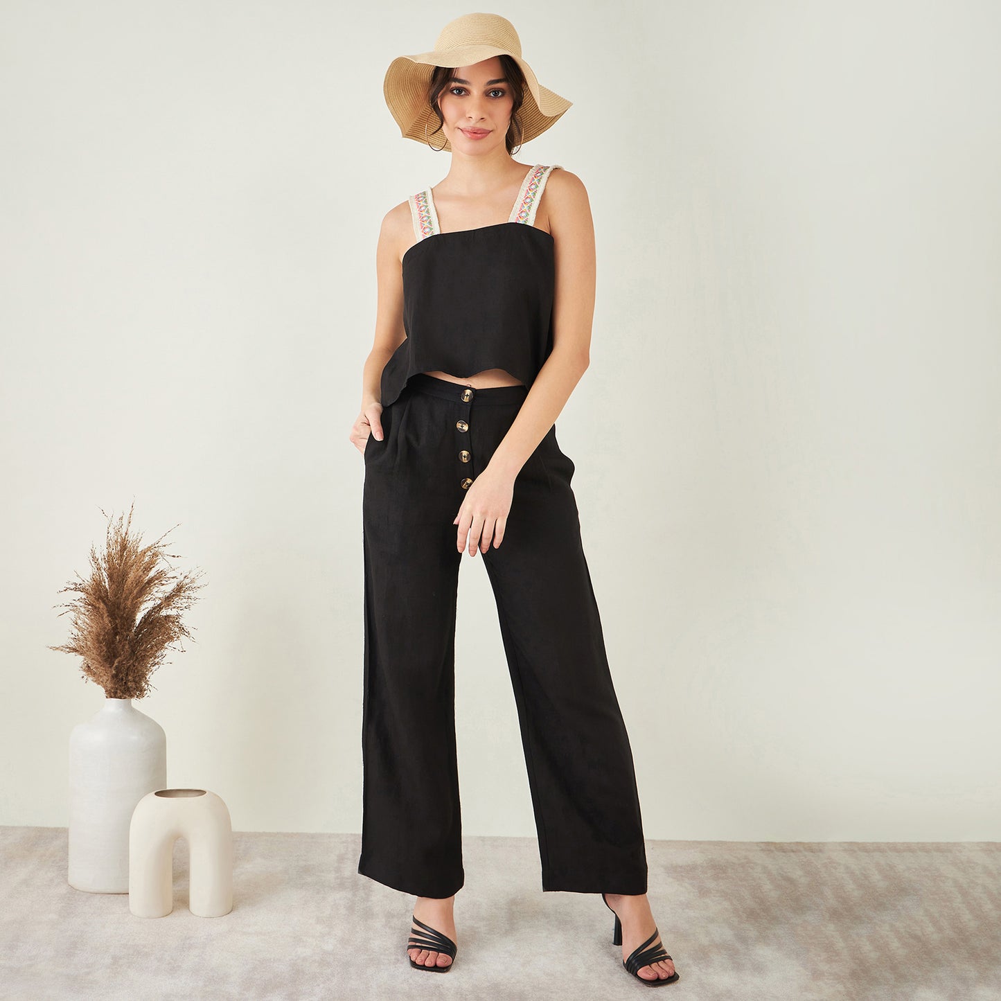 Black Linen Crop Top with Straight Pants Set