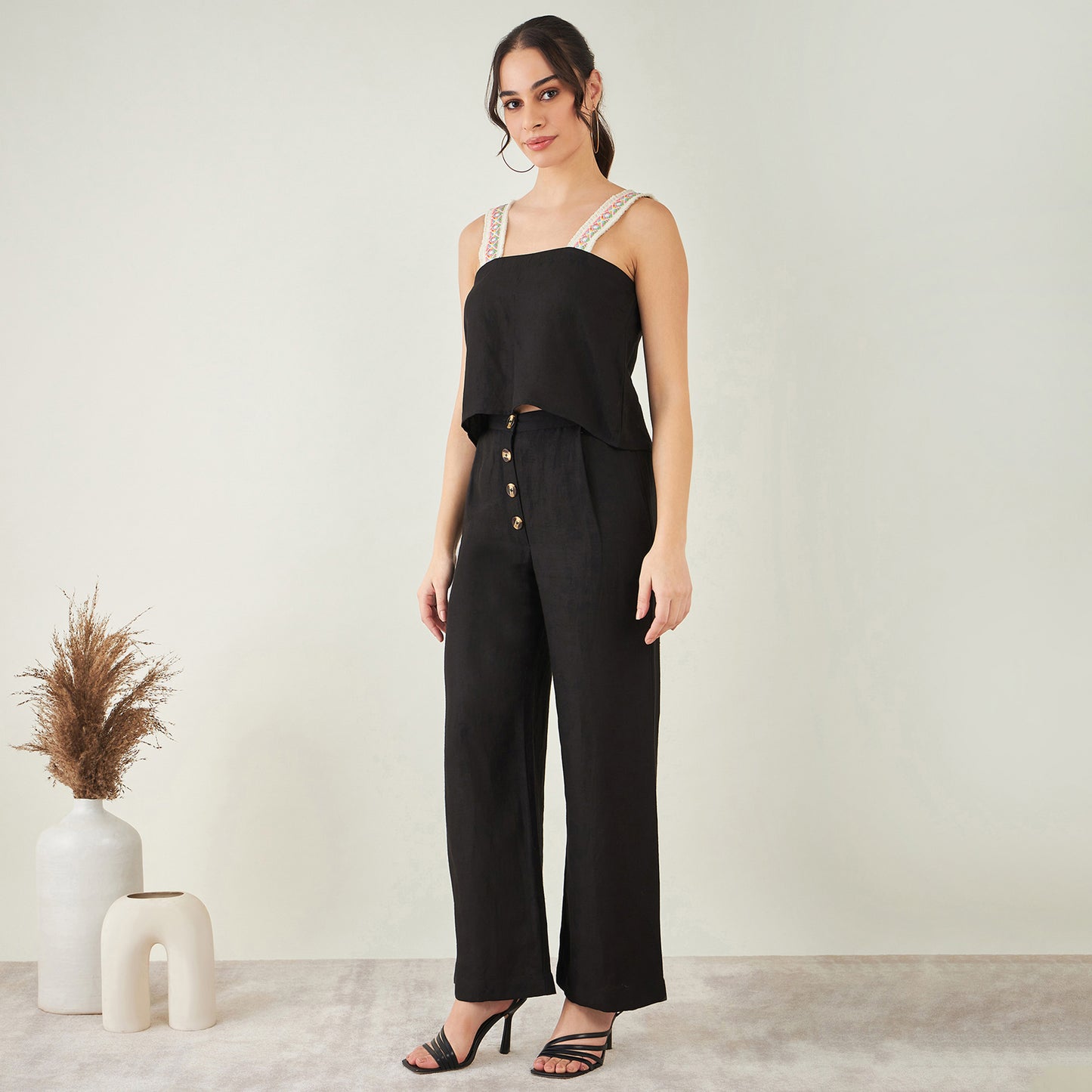 Black Linen Crop Top with Straight Pants Set