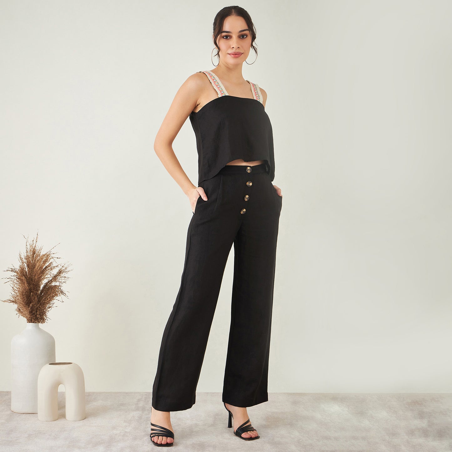 Black Linen Crop Top with Straight Pants Set