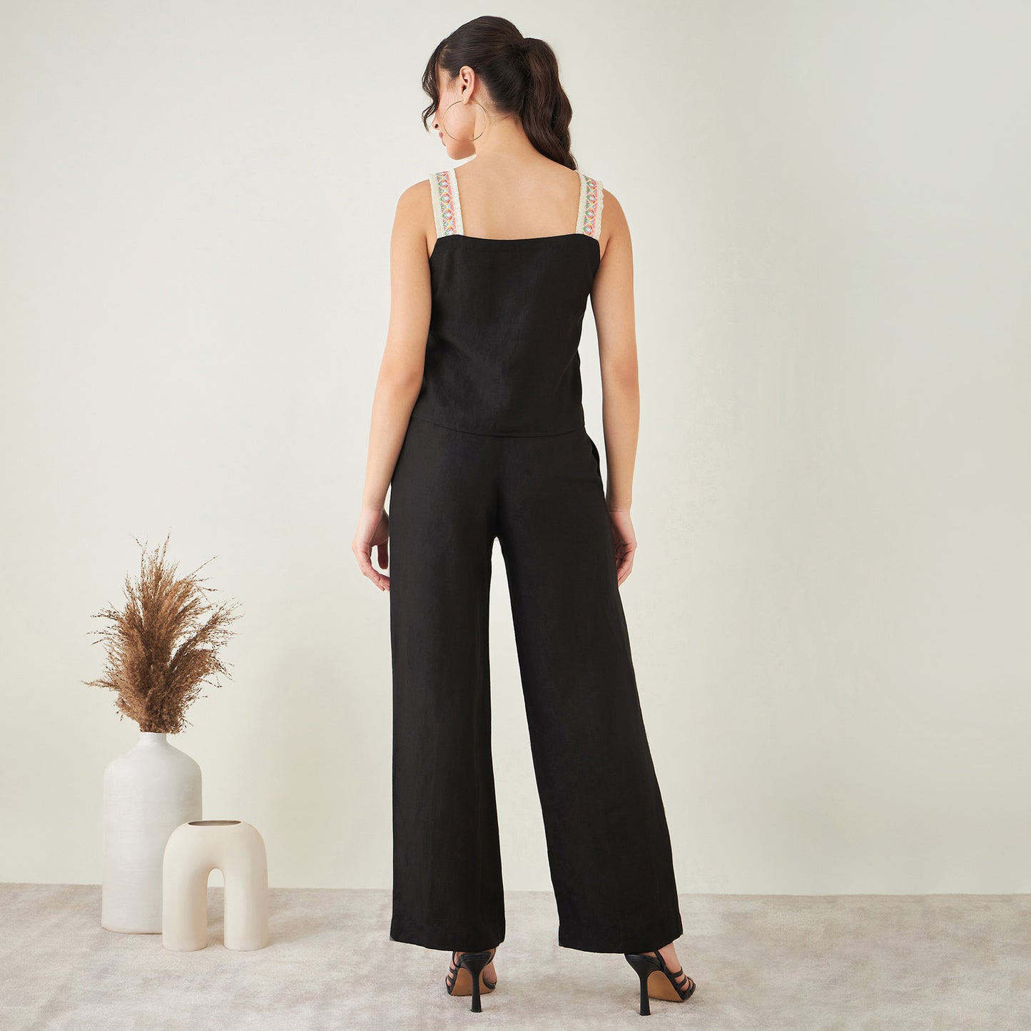 Black Linen Crop Top with Straight Pants Set