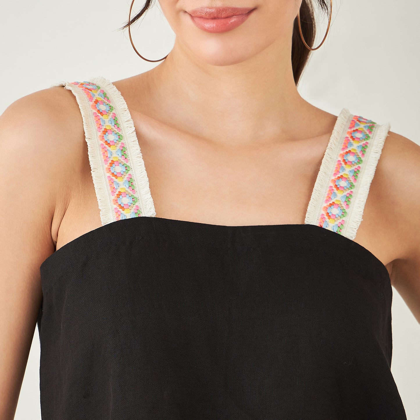 Black Linen Crop Top with Straight Pants Set