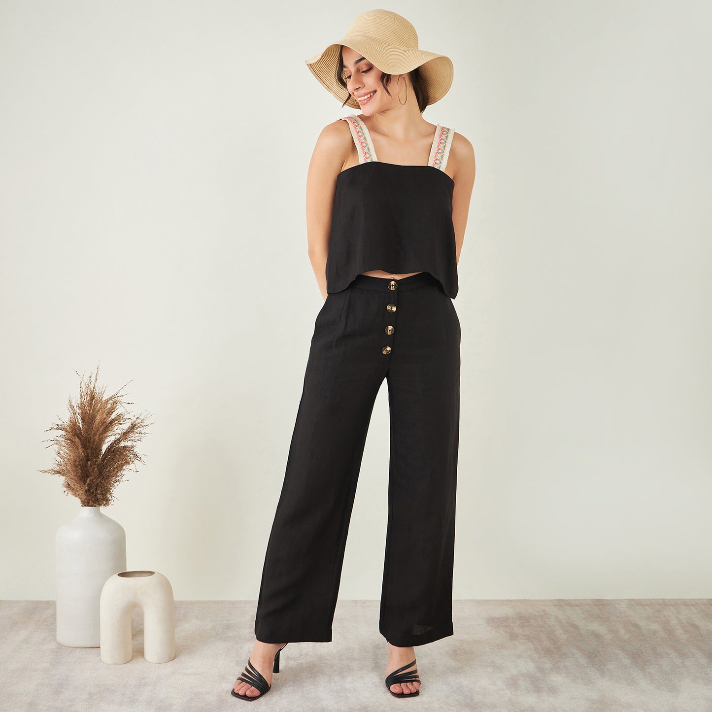 Black Linen Crop Top with Straight Pants Set