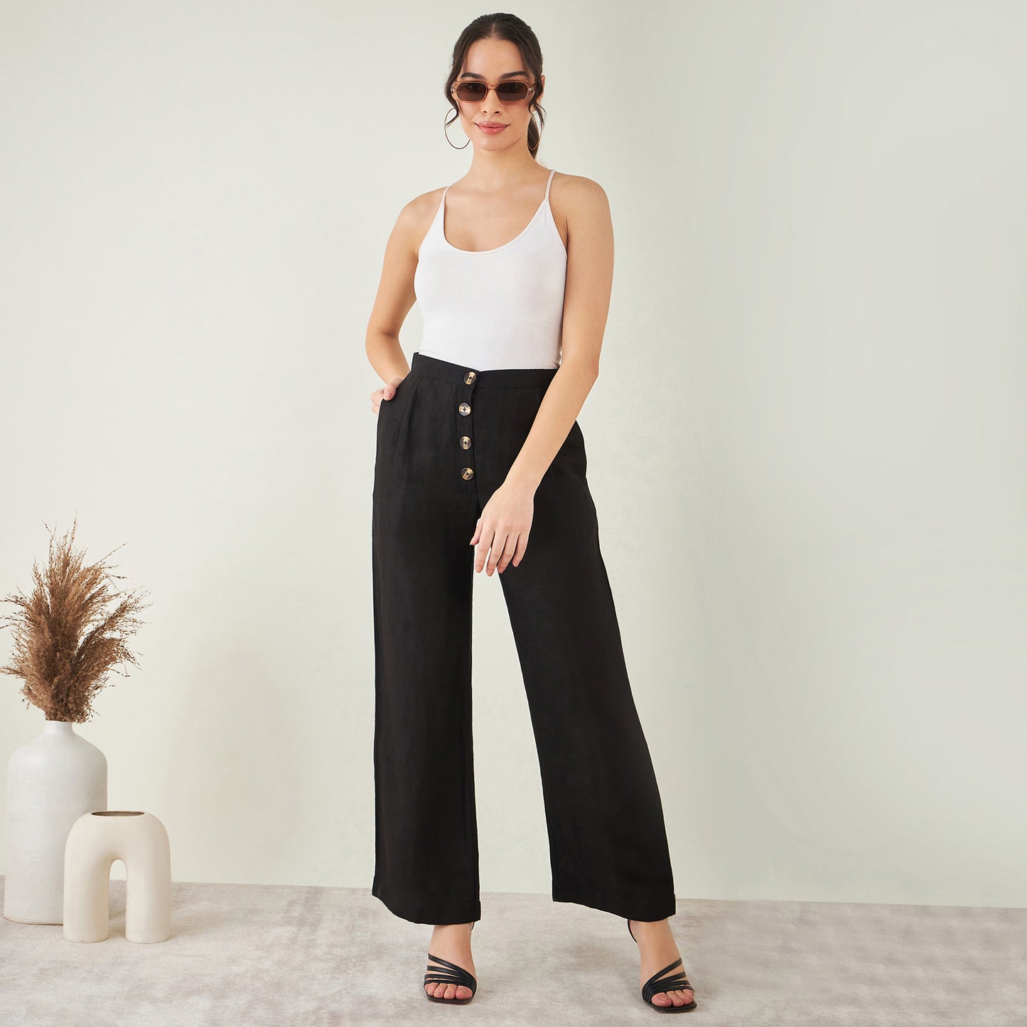 Black Linen Crop Top with Straight Pants Set