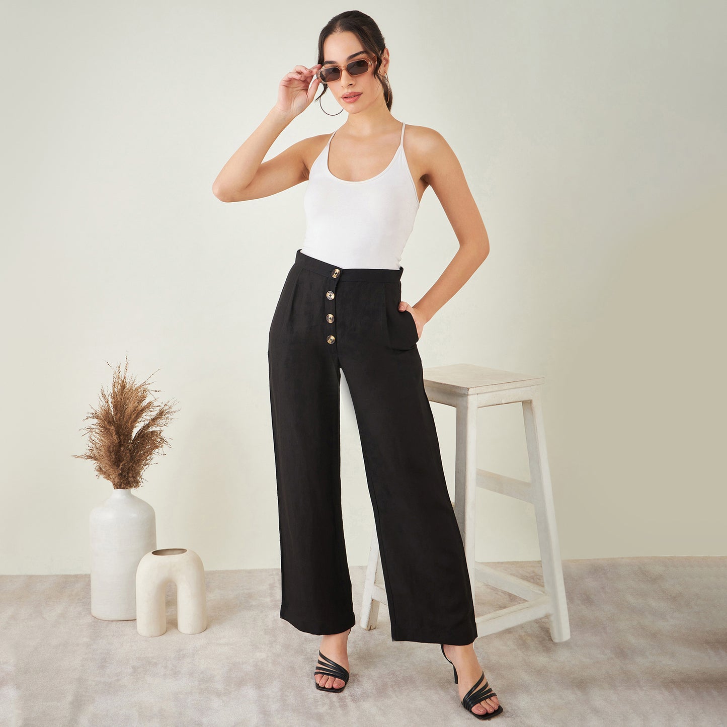 Black Linen Crop Top with Straight Pants Set