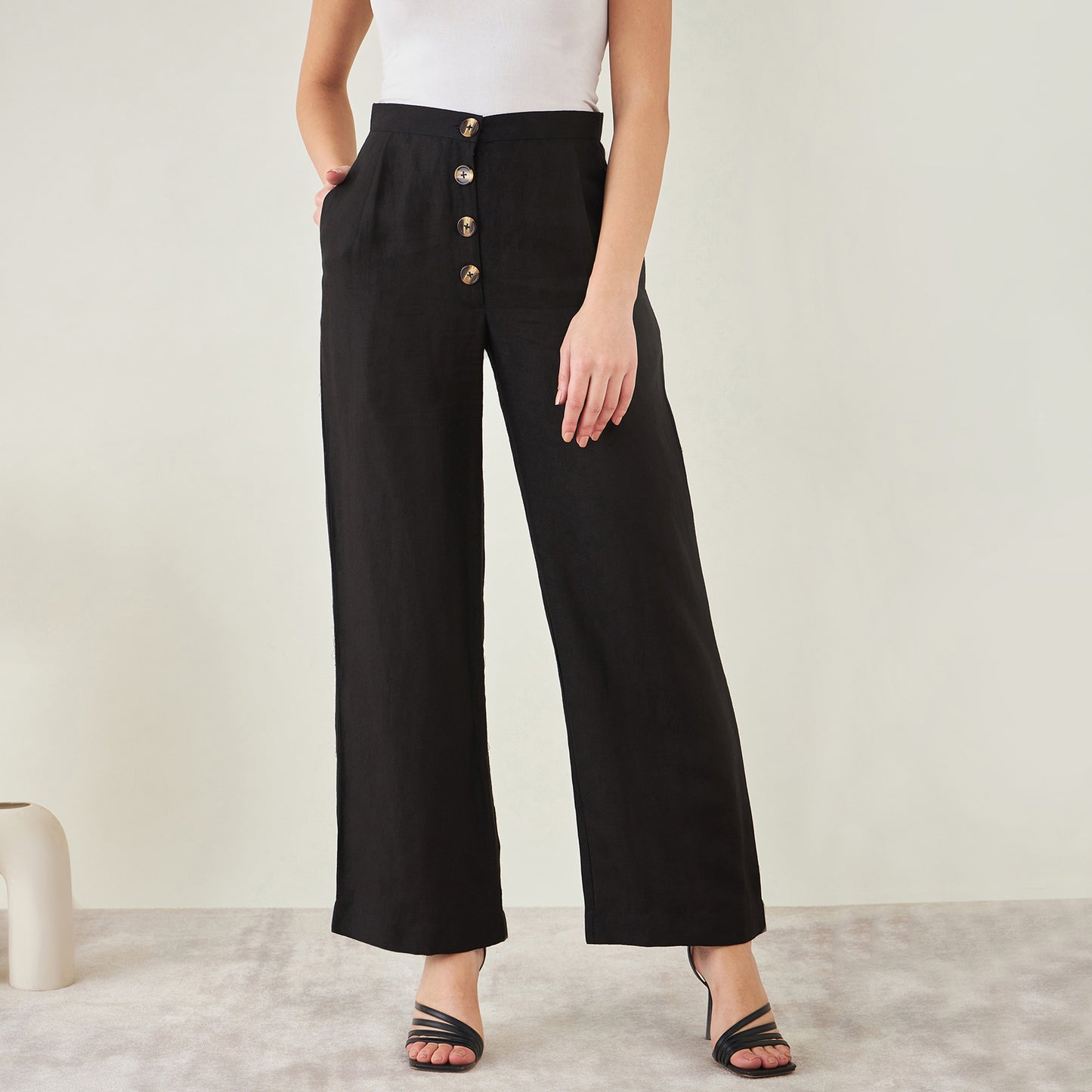 Black Linen Crop Top with Straight Pants Set
