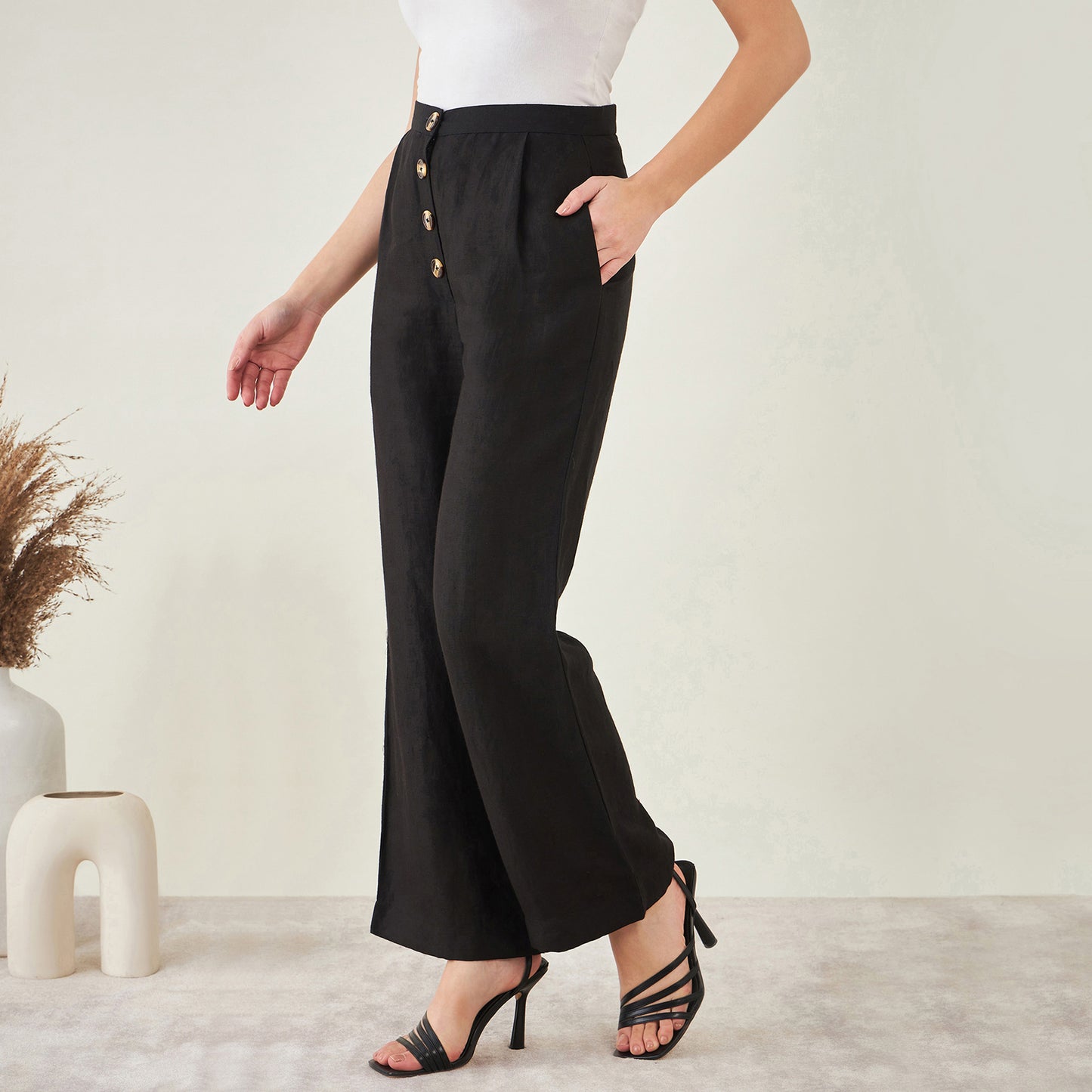 Black Linen Crop Top with Straight Pants Set