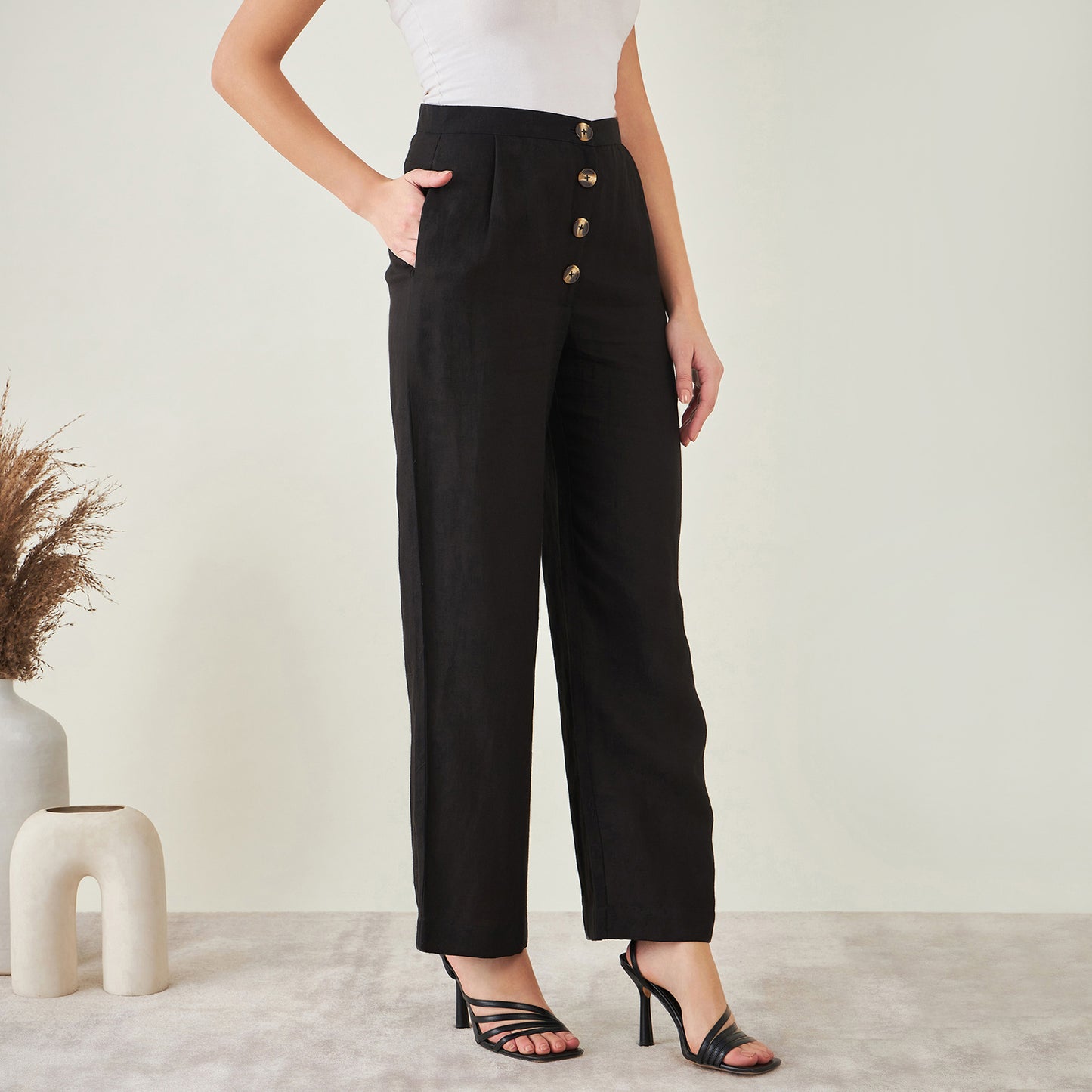 Black Linen Crop Top with Straight Pants Set