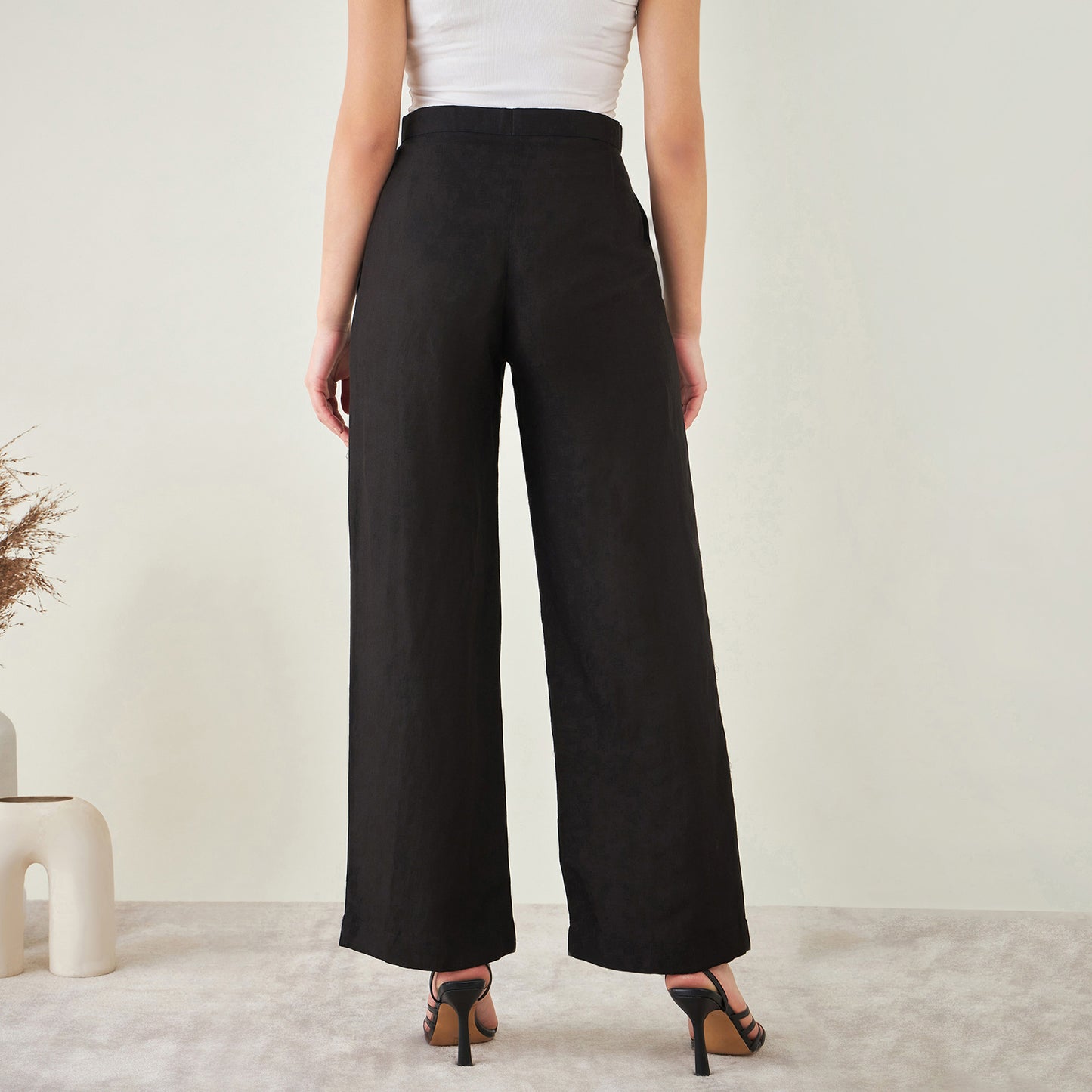 Black Linen Crop Top with Straight Pants Set