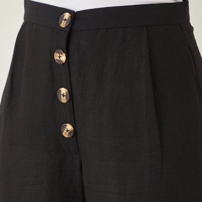 Black Linen Crop Top with Straight Pants Set