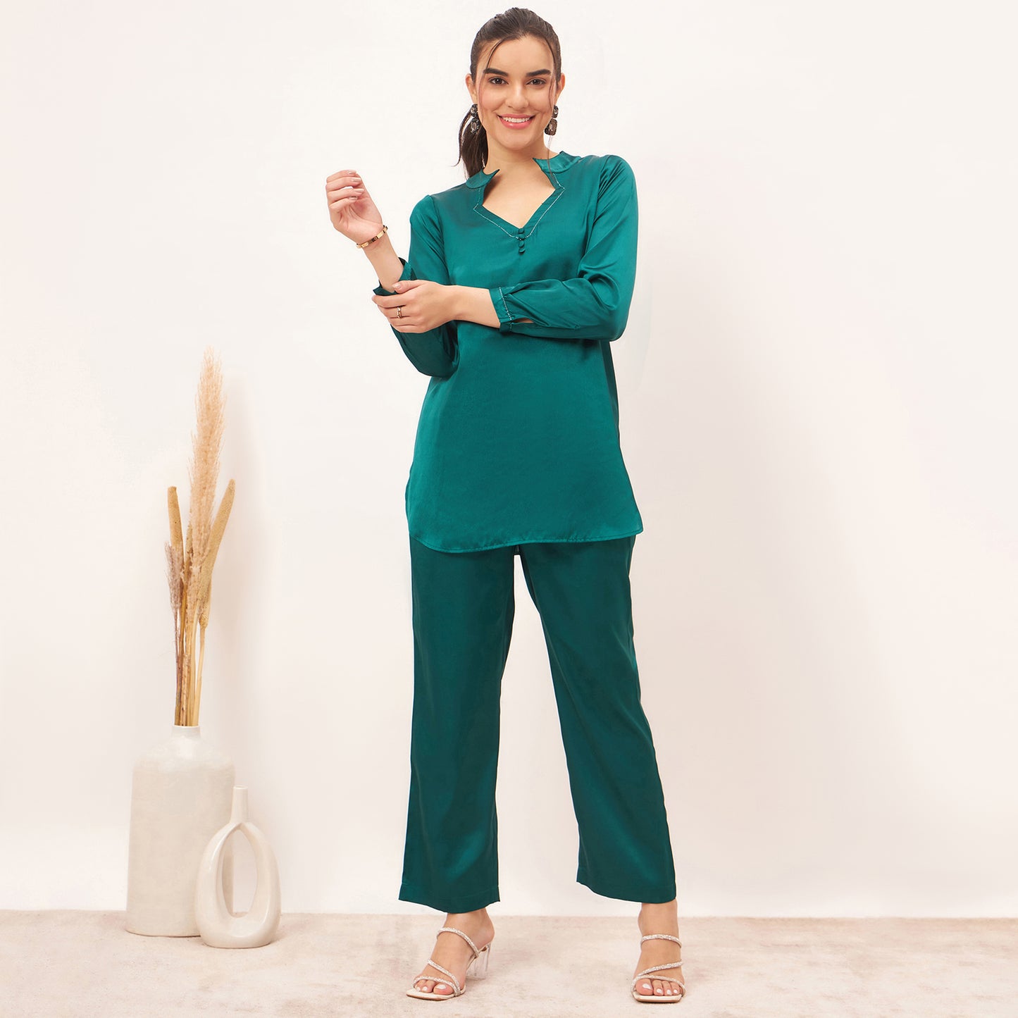 Teal Embellished Satin Top with Straight Pants