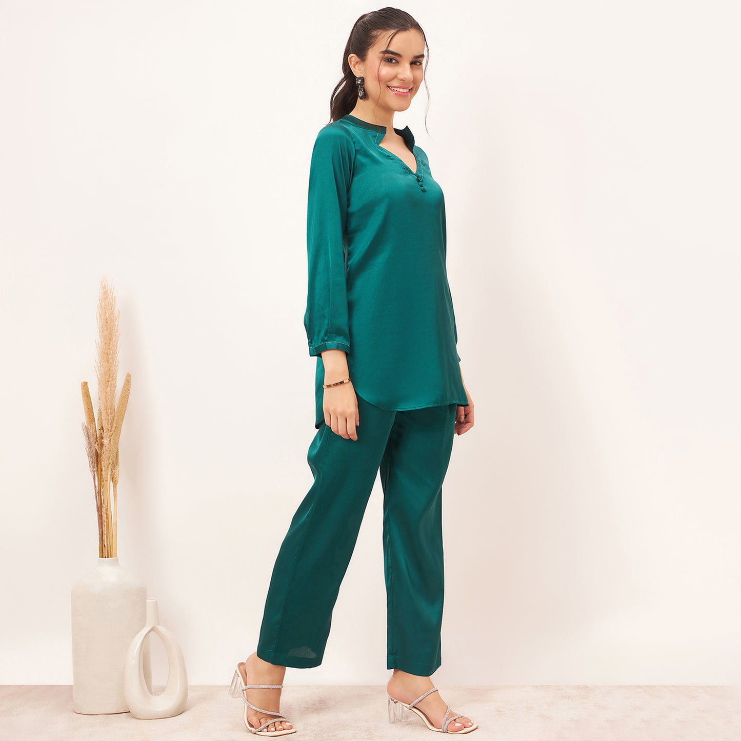 Teal Embellished Satin Top with Straight Pants