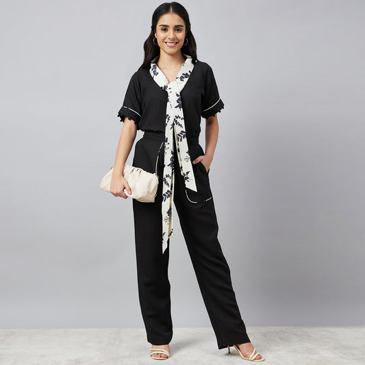 Black and Ivory Linen Top and Pants Set