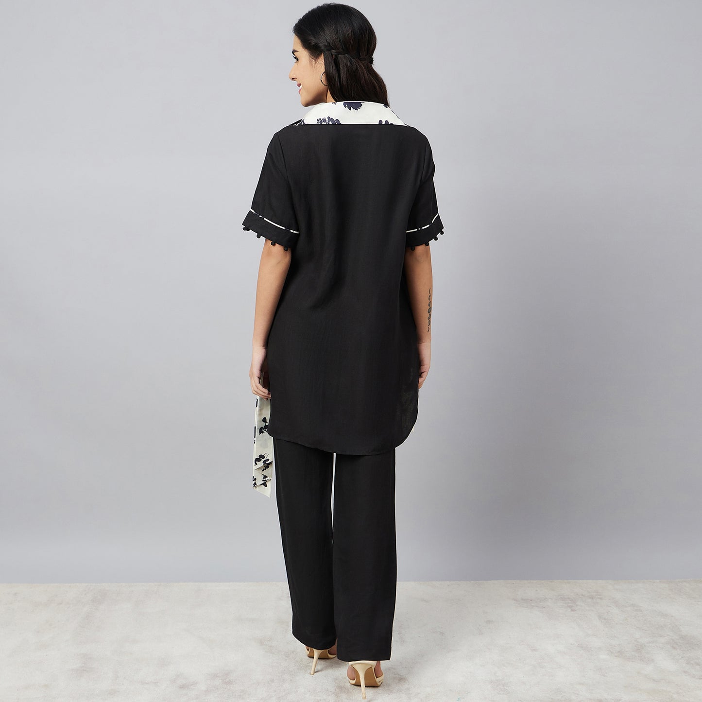 Black and Ivory Linen Top and Pants Set