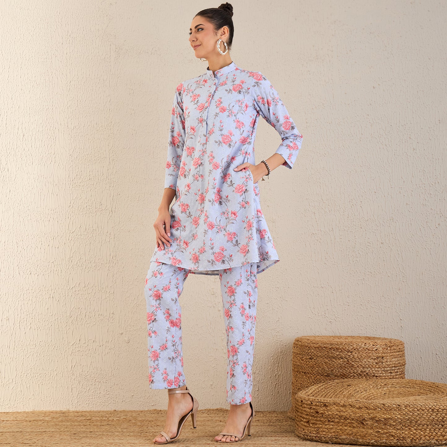 Ice Blue and Pink Floral Print Schiffli Co-ordinate Set
