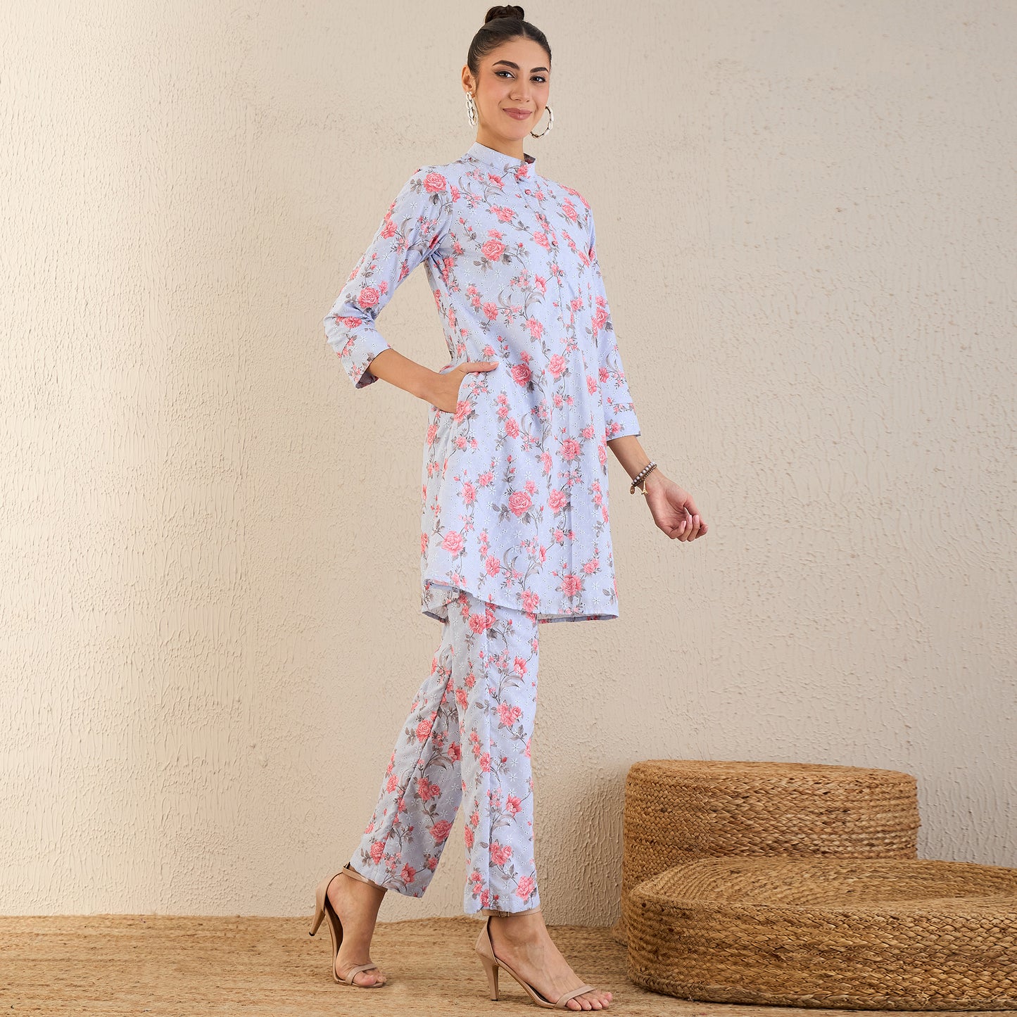 Ice Blue and Pink Floral Print Schiffli Co-ordinate Set